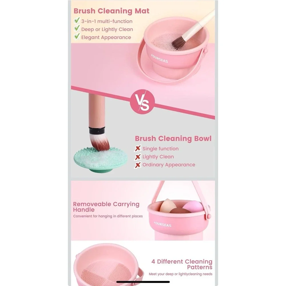 Makeup Brush Cleaner Mat 3 in 1 Silicone Makeup Brush Cleaner Bowl Cosmetic Pink
